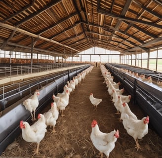 White chickens are gathered around a large bowl filled with feed. The setting includes bags with the words 'JAPFA GROUP OF COMPANIES' in the background. A metal scoop is resting on top of the pile of feed.