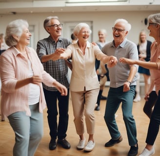 A group of elderly people are engaging in a dance activity in a room. Some chairs are stacked on the side, and a piano is visible in the background. The atmosphere appears lively and social.