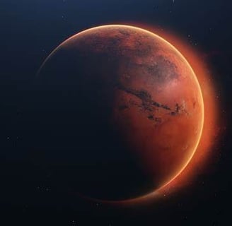 Mars with sun rays coming from behind it.