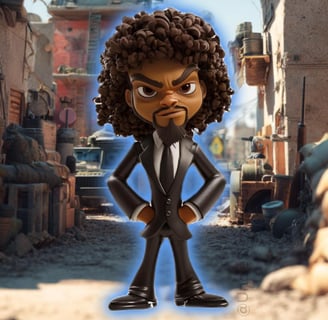 Uncle Slim in black suit standing on city street background