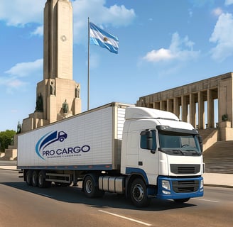 Camión con logo de Pro Cargo conduciendo frentee al Monumento a la Bandera en Rosario, Santa Fe, Argentina