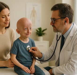 Niño con síndrome de Hutchinson-Gilford (Progeria) siendo atendido por un médico mientras su madre l