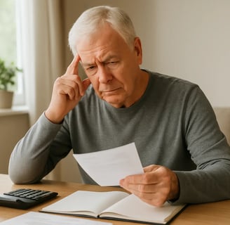 Hombre mayor revisando documentos y calculadora para estimar su pensión de jubilación en 2025