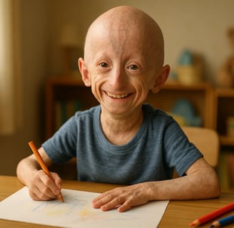 Niño con síndrome de Hutchinson-Gilford (Progeria) sonriente, dibujando con lápices de colores en un