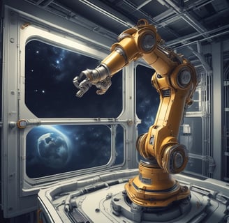 A small, sleek robot with bright green digital eyes stands on a wooden surface. The robot has a compact design with treads for movement and a glossy, dark exterior. The background is blurred with a warm orange hue.