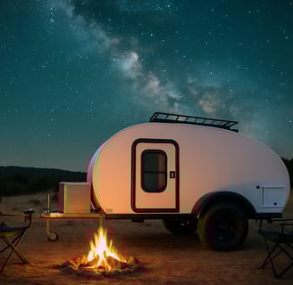 Teardrop camper trailer parked under a starry sky in NSW with campfire and camping chairs in the foreground