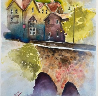 a painting of a bridge over a river
