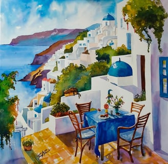 a painting of a table with a table set for two