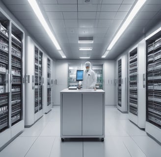 A room with a tiled ceiling and fluorescent lighting contains various electronic and office equipment. On the left, there's a wooden desk with a black server cabinet next to it. In the center of the room, a rack of network cables is visible, organized into a larger unit. To the right, a filing cabinet is mounted on the wall, with a printer/copier machine near the foreground. The walls are plain and the floor is covered in white tiles.
