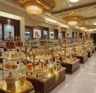 An elegantly arranged display of luxury fragrance items, featuring a large bottle of perfume with a black cap, a matching rectangular box, and a smaller box. The items are adorned with a golden chain draped artfully around them, set against a contrasting background with a patch of black fabric.