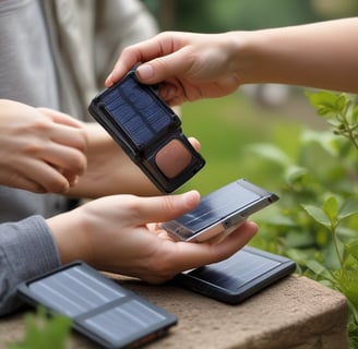 A person kneels on the grass near a coastal area, setting up a solar charge controller labeled 'Newpowa'. Next to the device is a green hiking backpack and a transparent orange water bottle. The background displays ocean waves crashing against the shore.