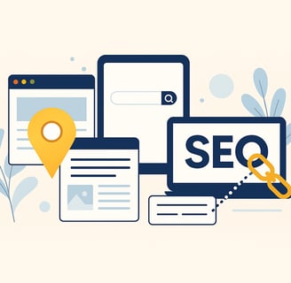 Flat-style illustration showing interconnected digital devices with SEO icons, search bars, map pins