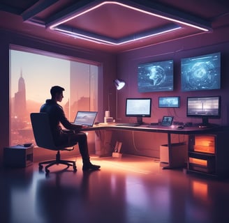 A conference room with a long wooden table surrounded by chairs covered in protective plastic. Multiple computer monitors are placed on tables against the walls, each displaying nature-themed images. The walls are lined with wood paneling, and a sign indicating a center for artificial intelligence is displayed at the front. There are decorative flower arrangements on the table, and the overall setup suggests a professional environment.