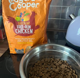 Close-up of Edgard & Cooper kibble in a dog bowl with packaging in the background