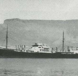 M.V. Thiara moored close to Table Mountain in Cape Town;.