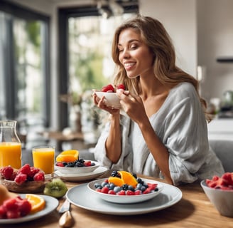 a woman sitting at a table with a cup of coffee and fruit