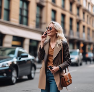 A person with light brown hair is seen from the back, holding a smartphone to their ear. They are wearing a spaghetti strap top with a floral pattern. In the background, a laptop with a blurred screen is visible, suggesting an office or home workspace.