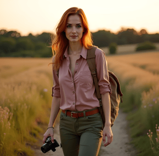 Skye on a sunset trail, capturing a photo with her vintage camera in hand