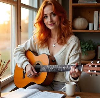 kye plays guitar by the window at sunset, surrounded by books, coffee, and art supplies.