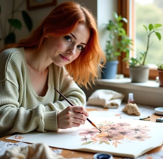 Skye’s hand painting soft watercolors, surrounded by brushes and scattered art supplies.