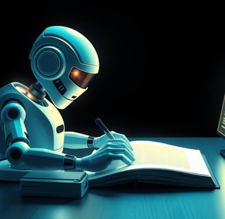 “Futuristic minimalist illustration of an AI writing engine at a desk, with glowing text flowing fro