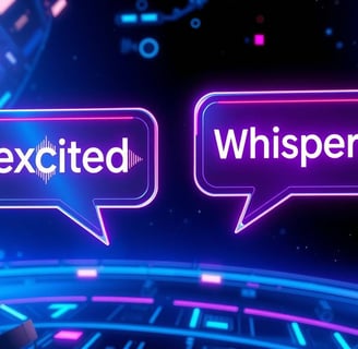 “Two speech bubbles with embedded waveforms and emotion tags like [excited] and [whispers], softly p