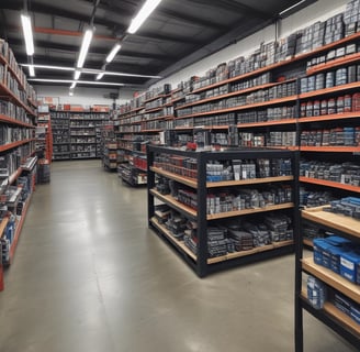 a large room with shelves filled with various car parts