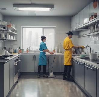 A group of people inside a room engage in cleaning or maintenance activities. One person sweeps the floor with a broom while others stand and observe, smiling or gesturing. The room has wooden structures and a child rests on a bed nearby.