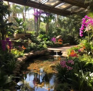 a flower garden with a small pond at the middle