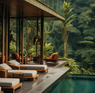 a pool with lounge chairs and a mountain view