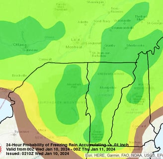 Sample WPC freezing rain interactive map showing percent chance of accumulation of ice. For WeatherSources Winter prob page.