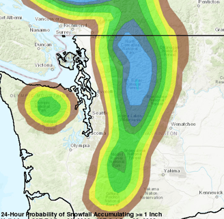 Sample NOAA WPC 3-day snow/sleet percent probability map zoomed into Northwest Washington state region. Sample only.
