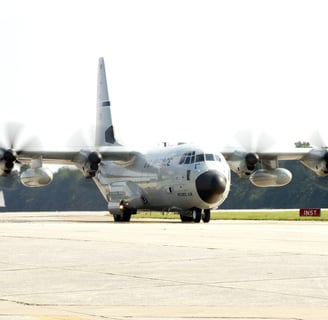 WC-130J Hercules landing after reconnaissance flight for Hurricane Rita 24 Sept 2005. U.S. Air Force photo by Don Peek