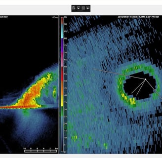 Left: NOAA P-3 tail radar Dorian 1Sept2019, Right KAMX radar from land near Miami, FL. Photo Twitter by @wx_trev 9Sept2019