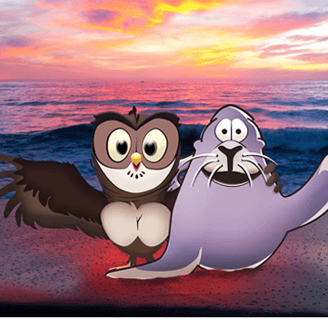 NWS Owlie next to NOAA Sanctuary Sam on the beach