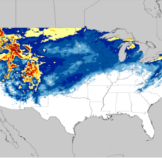 NOAA snow total sample map for CONUS showing colored regions representing different amounts of snowfall for the winter season