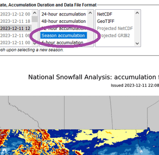 NOAA seasonal snow total web portal screen shot with season accumulation option circled so that may be loaded on the map.
