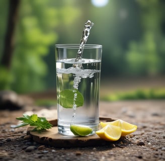 a glass of water with a lime slice and lime