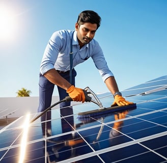 Indian professional cleaning the surface of solar panels