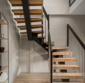 Escaleras modernas de madera y metal en una reforma integral en Valencia