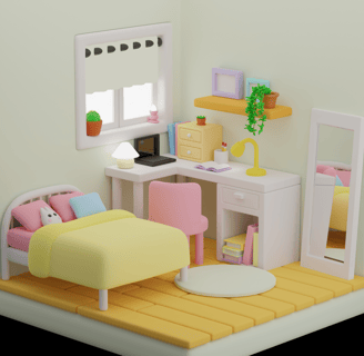 a doll house bedroom with a bed and desk