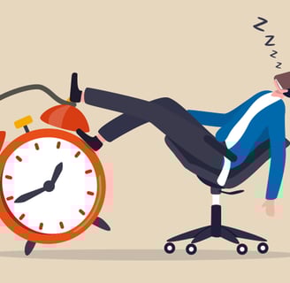 Procrastination concept illustration – person sleeping at desk with alarm clock showing time managem
