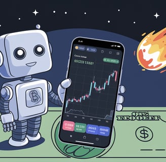 a robot with a phone showing a stock market