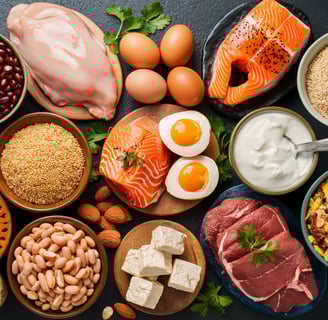A photos showing high proteins foods like checken, salmon, eggs, red meat, almond and other foods