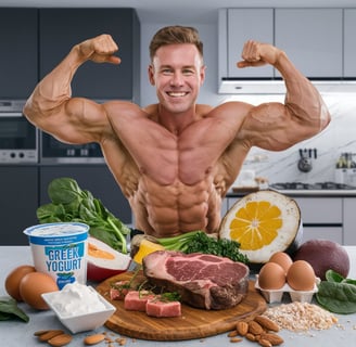 A muscular guy top naked with bunch of healthy rich proteins food ahead of him