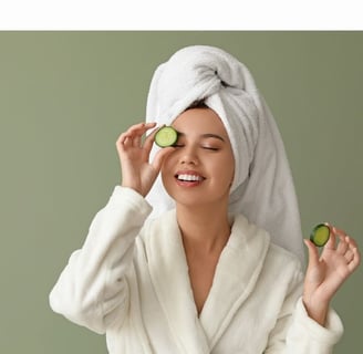 a woman in a robe is holding a cucumber