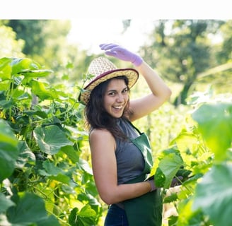 a cucumber field and a happy woman