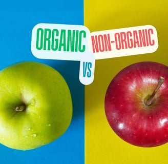 organic apple vs non-organic apple on a blue and yellow background