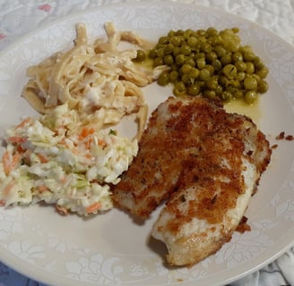 tiapia, slaw, fettucini alfredo, peas