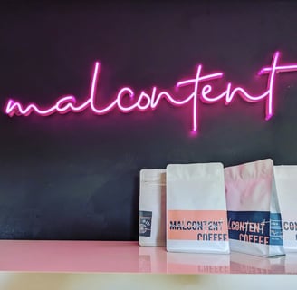 Malcontent Coffee Branding Signage Bag Label Design